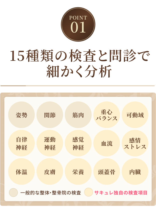 15種類の検査と問診で細かく分析　姿勢、関節、筋肉、重心バランス、可動域、自律神経、運動神経、感覚神経、血流、感情ストレス、体温、皮膚、栄養、頭蓋骨、内臓