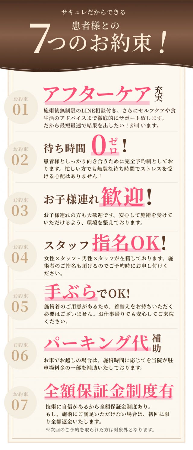 サキュレだからできる患者様との7つのお約束！1.アフターケア充実 2.待ち時間0 3.お子様連れ歓迎 4.スタッフ指名OK! 5.手ぶらでOK！ 6.パーキング代補助 7.全額保証制度有